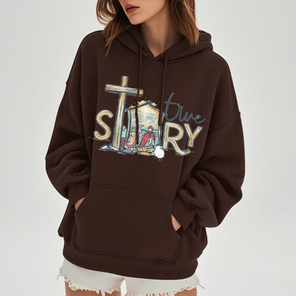 Modern Style True Story Nativity Scene Fleece Lined Polyester Hoodie
