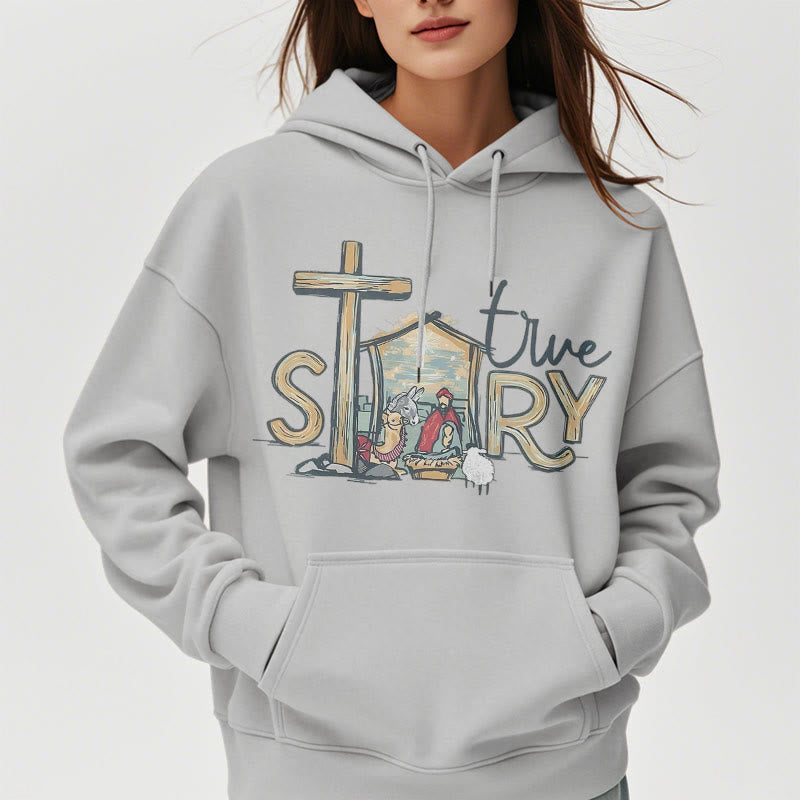 Modern Style True Story Nativity Scene Fleece Lined Polyester Hoodie