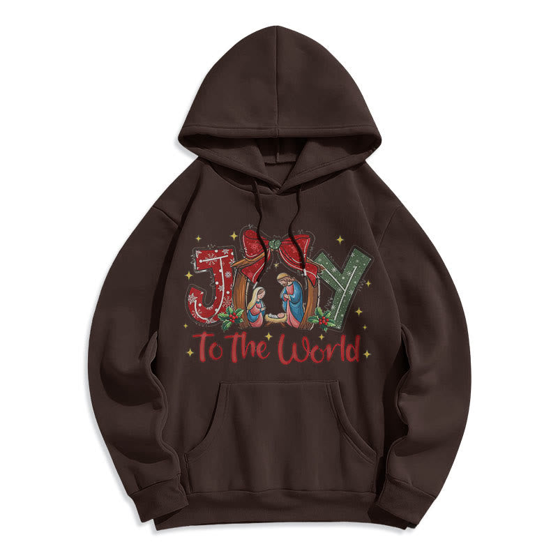 Colored Style Joy To The World Nativity Scene Fleece Lined Polyester Hoodie