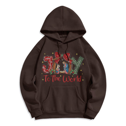 Colored Style Joy To The World Nativity Scene Fleece Lined Polyester Hoodie