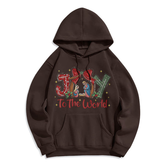 Colored Style Joy To The World Nativity Scene Fleece Lined Polyester Hoodie