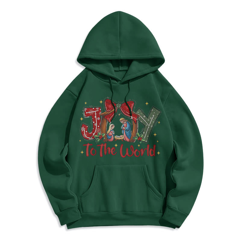 Colored Style Joy To The World Nativity Scene Fleece Lined Polyester Hoodie