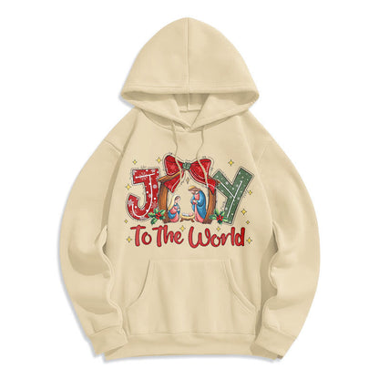 Colored Style Joy To The World Nativity Scene Fleece Lined Polyester Hoodie