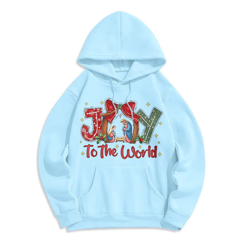 Colored Style Joy To The World Nativity Scene Fleece Lined Polyester Hoodie