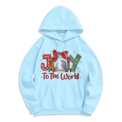 Colored Style Joy To The World Nativity Scene Fleece Lined Polyester Hoodie