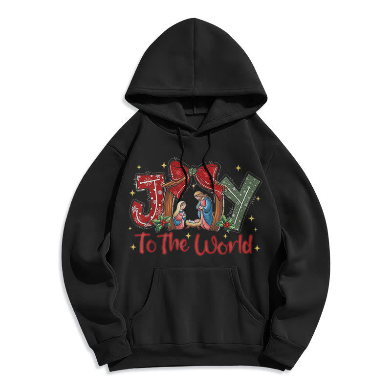 Colored Style Joy To The World Nativity Scene Fleece Lined Polyester Hoodie
