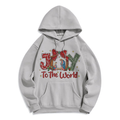 Colored Style Joy To The World Nativity Scene Fleece Lined Polyester Hoodie