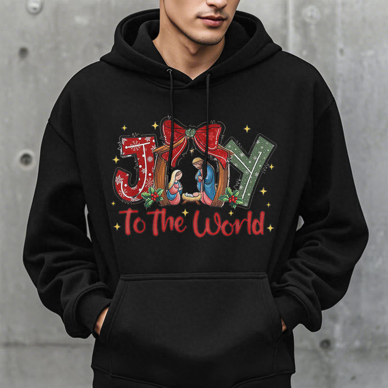 Colored Style Joy To The World Nativity Scene Fleece Lined Polyester Hoodie