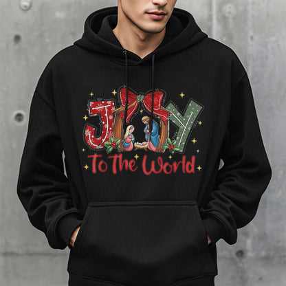 Colored Style Joy To The World Nativity Scene Fleece Lined Polyester Hoodie