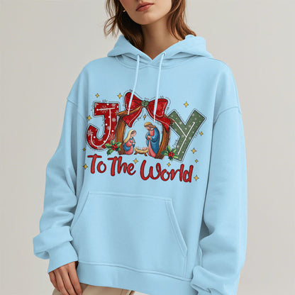 Colored Style Joy To The World Nativity Scene Fleece Lined Polyester Hoodie