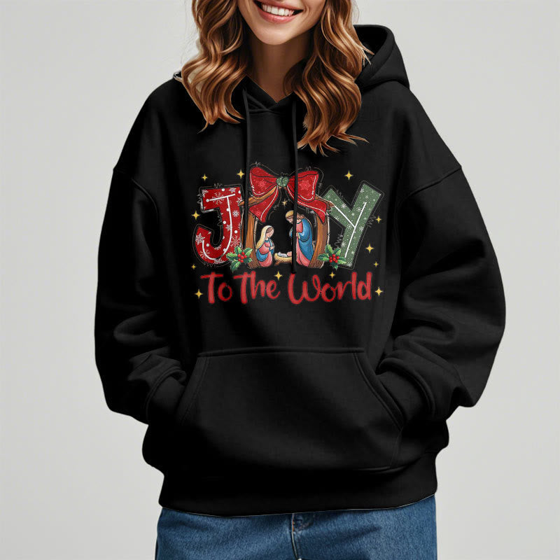 Colored Style Joy To The World Nativity Scene Fleece Lined Polyester Hoodie