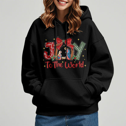 Colored Style Joy To The World Nativity Scene Fleece Lined Polyester Hoodie