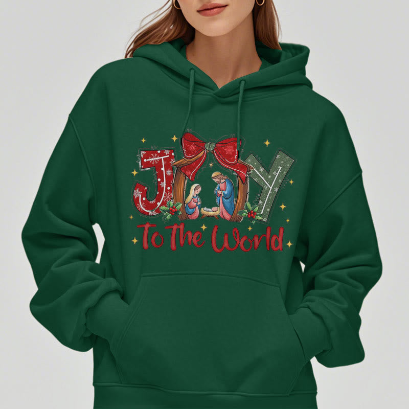Colored Style Joy To The World Nativity Scene Fleece Lined Polyester Hoodie