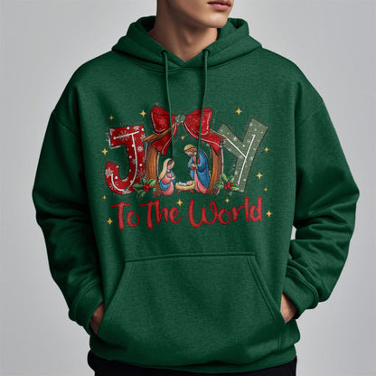 Colored Style Joy To The World Nativity Scene Fleece Lined Polyester Hoodie