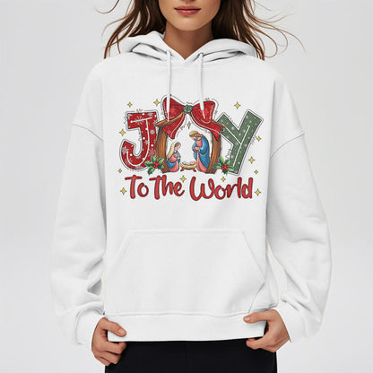 Colored Style Joy To The World Nativity Scene Fleece Lined Polyester Hoodie