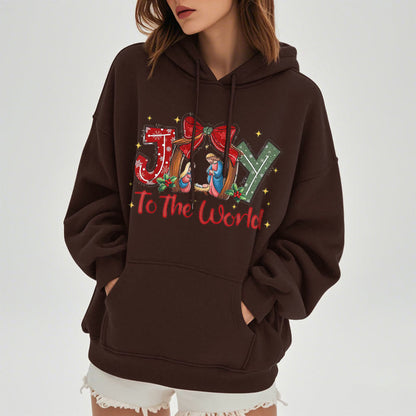 Colored Style Joy To The World Nativity Scene Fleece Lined Polyester Hoodie