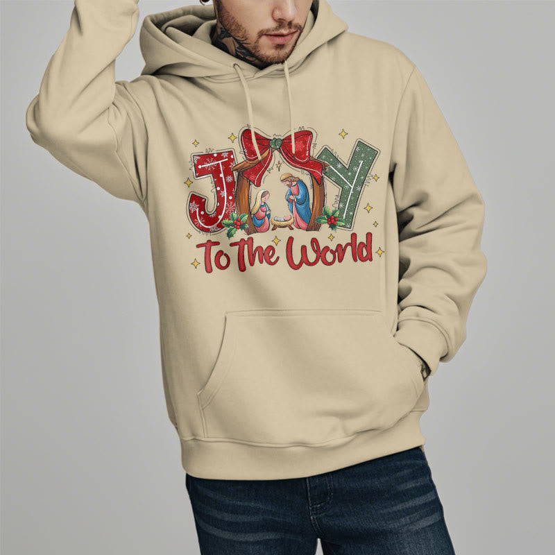 Colored Style Joy To The World Nativity Scene Fleece Lined Polyester Hoodie