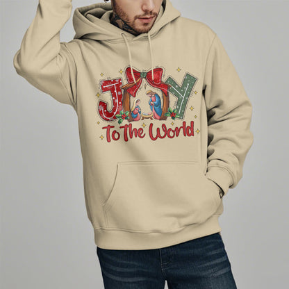 Colored Style Joy To The World Nativity Scene Fleece Lined Polyester Hoodie