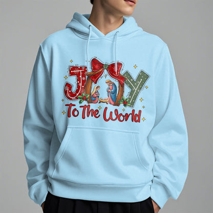 Colored Style Joy To The World Nativity Scene Fleece Lined Polyester Hoodie
