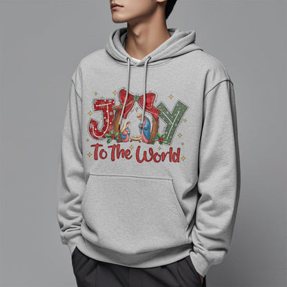 Colored Style Joy To The World Nativity Scene Fleece Lined Polyester Hoodie