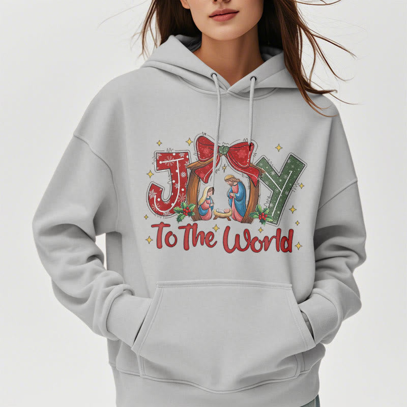 Colored Style Joy To The World Nativity Scene Fleece Lined Polyester Hoodie