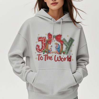 Colored Style Joy To The World Nativity Scene Fleece Lined Polyester Hoodie