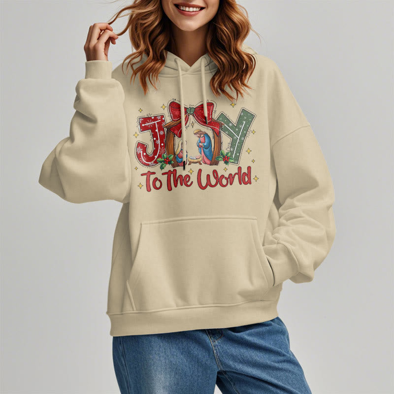 Colored Style Joy To The World Nativity Scene Fleece Lined Polyester Hoodie