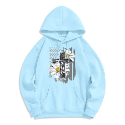 Modern Style Faith Cross and Daisies Fleece Lined Polyester Hoodie