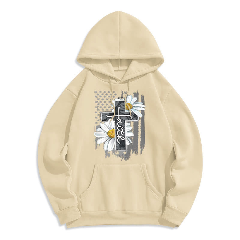 Modern Style Faith Cross and Daisies Fleece Lined Polyester Hoodie