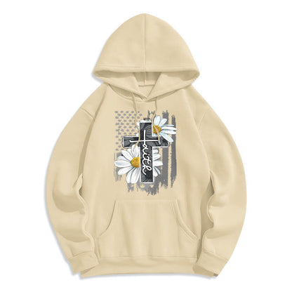 Modern Style Faith Cross and Daisies Fleece Lined Polyester Hoodie