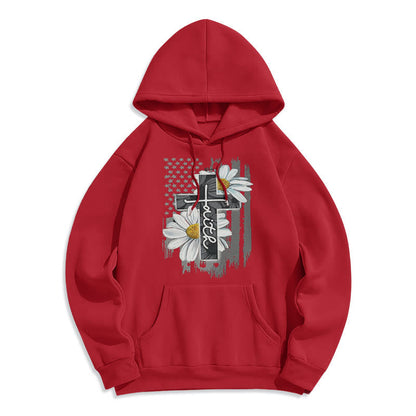 Modern Style Faith Cross and Daisies Fleece Lined Polyester Hoodie