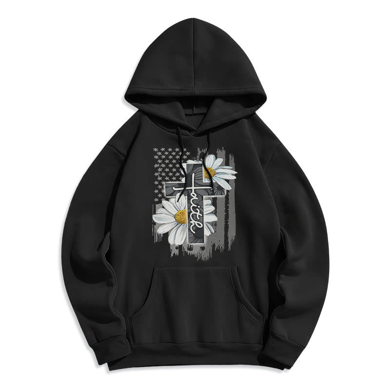 Modern Style Faith Cross and Daisies Fleece Lined Polyester Hoodie