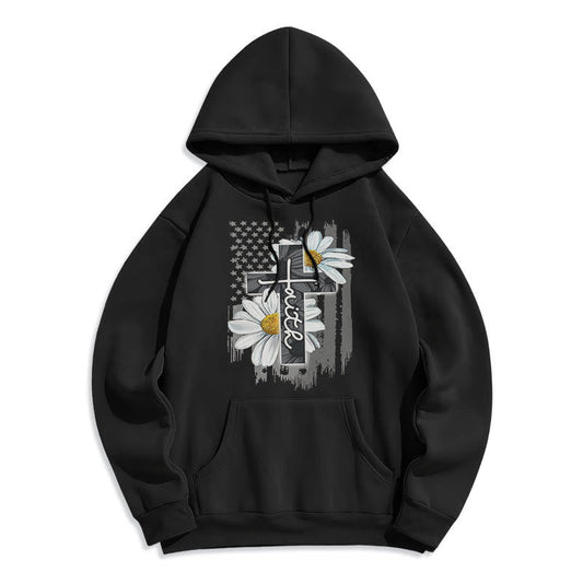 Modern Style Faith Cross and Daisies Fleece Lined Polyester Hoodie