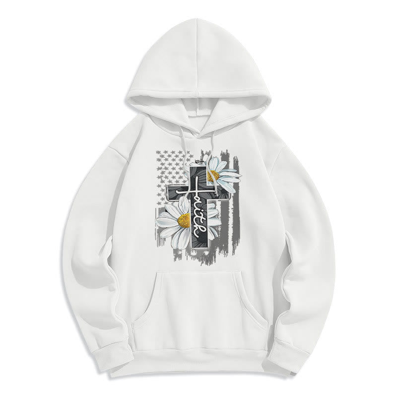 Modern Style Faith Cross and Daisies Fleece Lined Polyester Hoodie