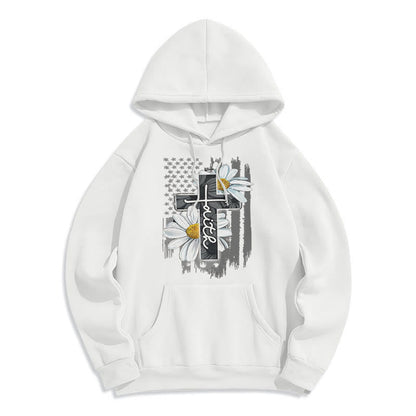 Modern Style Faith Cross and Daisies Fleece Lined Polyester Hoodie