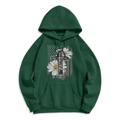 Modern Style Faith Cross and Daisies Fleece Lined Polyester Hoodie