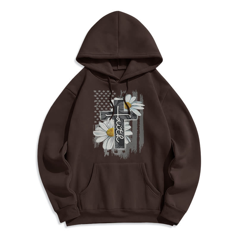 Modern Style Faith Cross and Daisies Fleece Lined Polyester Hoodie
