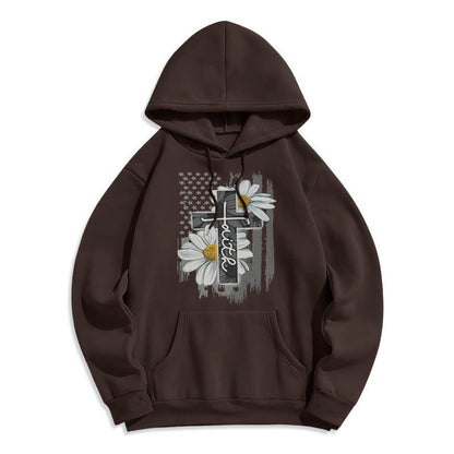 Modern Style Faith Cross and Daisies Fleece Lined Polyester Hoodie