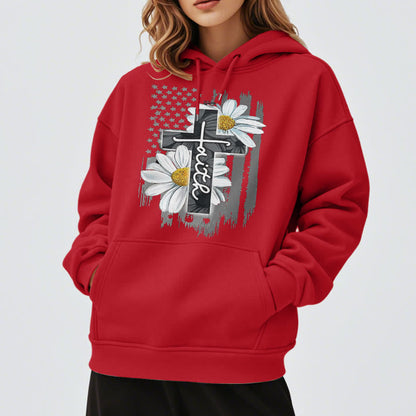 Modern Style Faith Cross and Daisies Fleece Lined Polyester Hoodie
