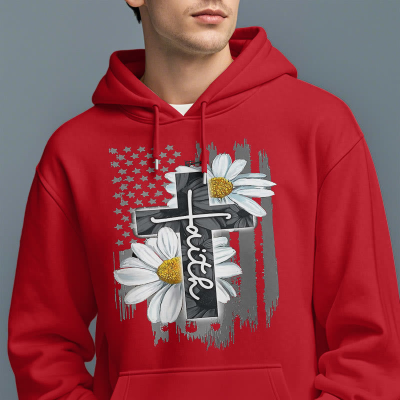 Modern Style Faith Cross and Daisies Fleece Lined Polyester Hoodie