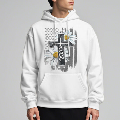 Modern Style Faith Cross and Daisies Fleece Lined Polyester Hoodie