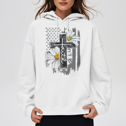 Modern Style Faith Cross and Daisies Fleece Lined Polyester Hoodie