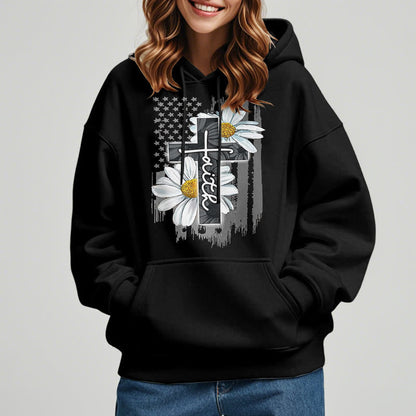 Modern Style Faith Cross and Daisies Fleece Lined Polyester Hoodie