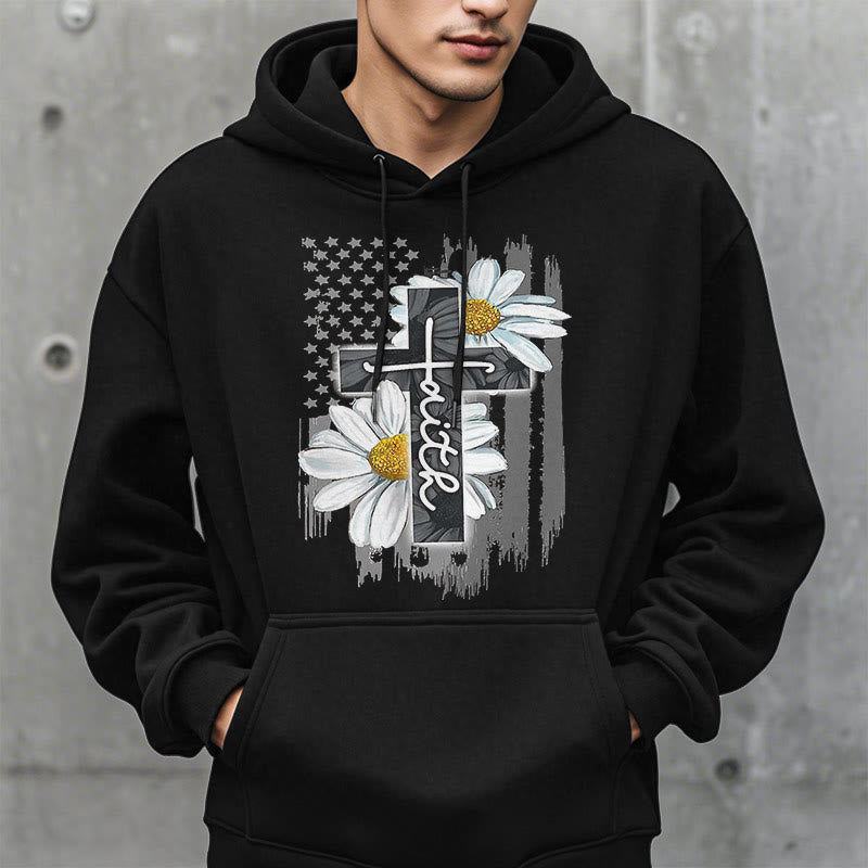 Modern Style Faith Cross and Daisies Fleece Lined Polyester Hoodie