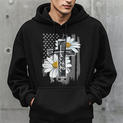 Modern Style Faith Cross and Daisies Fleece Lined Polyester Hoodie