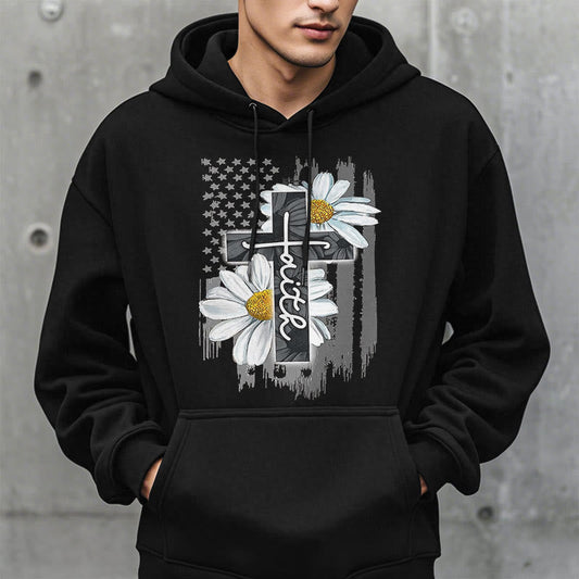 Modern Style Faith Cross and Daisies Fleece Lined Polyester Hoodie