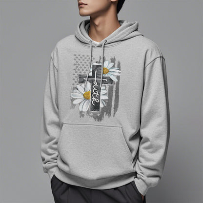 Modern Style Faith Cross and Daisies Fleece Lined Polyester Hoodie