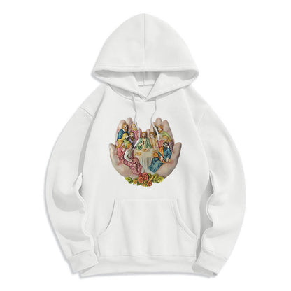 Modern Colored Style Last Supper in God's Hands Fleece Lined Polyester Hoodie