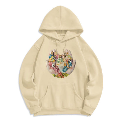 Modern Colored Style Last Supper in God's Hands Fleece Lined Polyester Hoodie