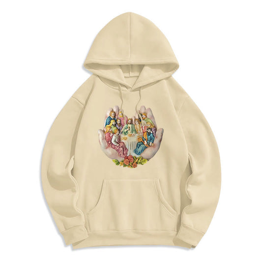 Modern Colored Style Last Supper in God's Hands Fleece Lined Polyester Hoodie